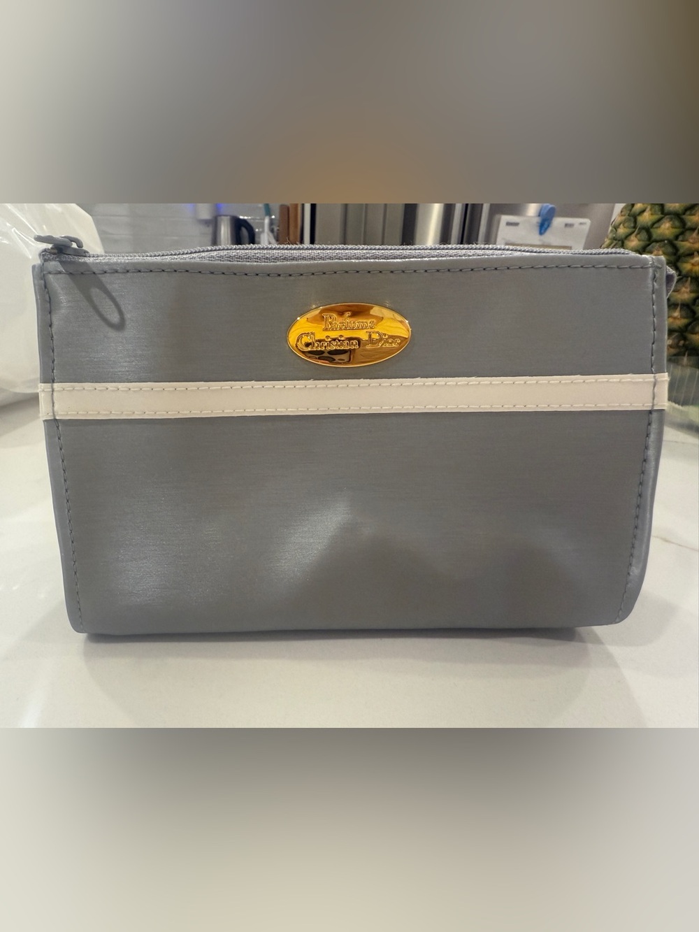 Vintage Y2K Christian Dior Silver Satin Pouch White Trim Gold Logo Cosmetic Bag